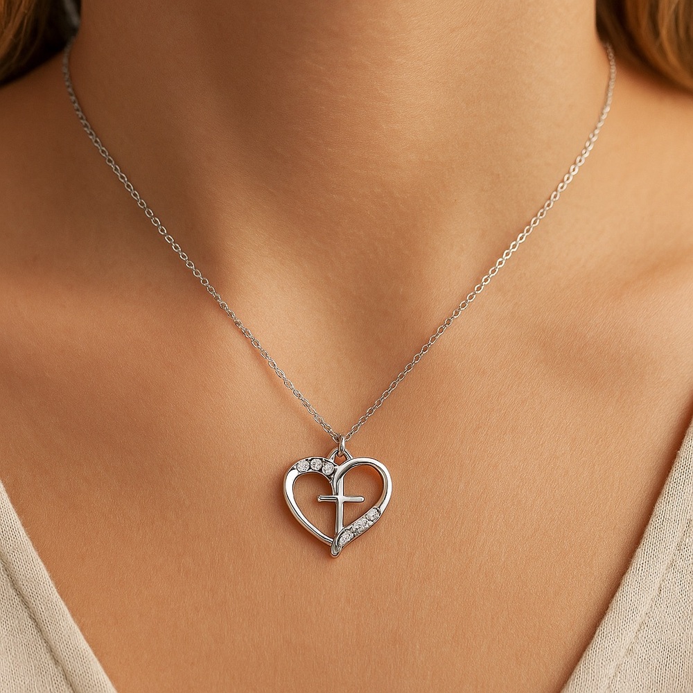 CHARM Pendant Heart and Cross I Silver Tone I Clear Crystal Rhinestones I EUC